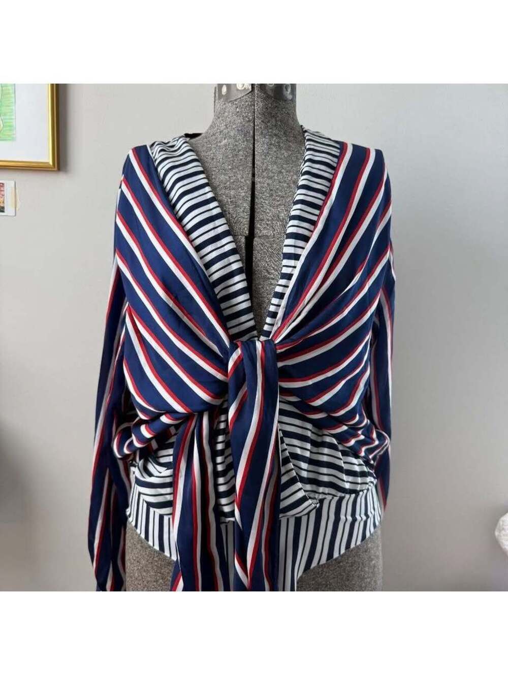 ZARA Navy Red White Striped Tie Front Bodysuit – Size M